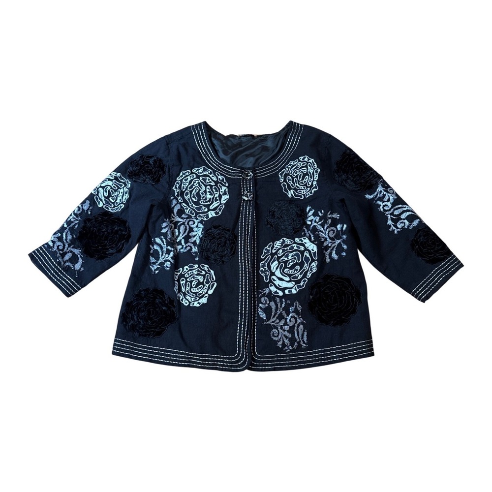 Choices Floral Embroidered Jacket Women Black Velvet Applique Boho SIZE L